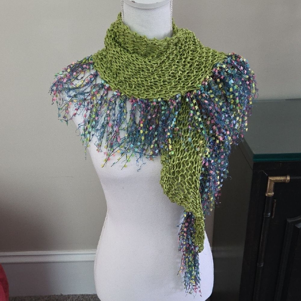 Elegant Green and Multicolor Fringe Scarf